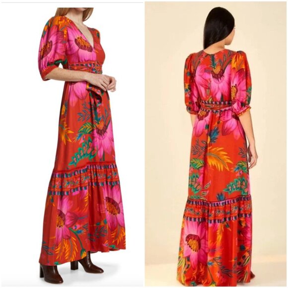 Farm Rio Belted Floral Maxi Dress size S small red pink v-neck puff sleeve - Picture 2 of 12